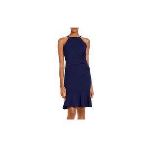 AQUA FORMAL Womens Navy Ruffle Hem Halter Above The Knee Cocktail Sheath Dress 0